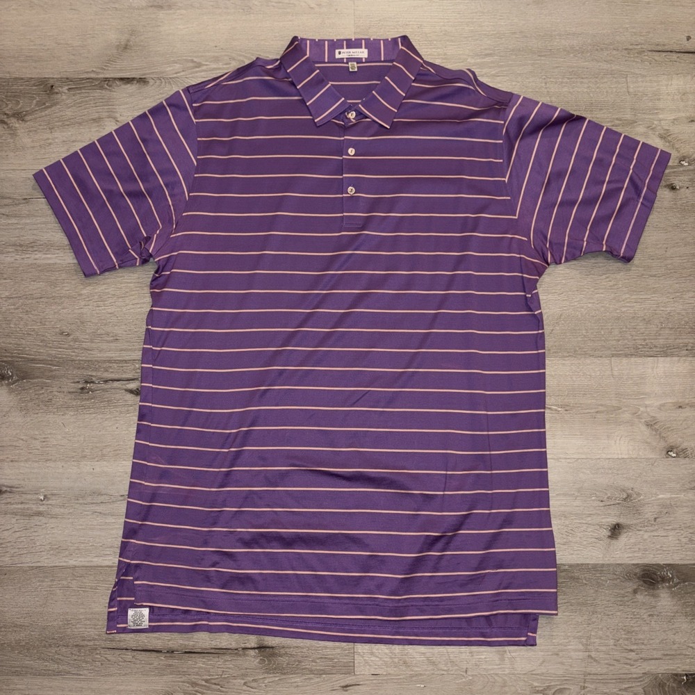 Peter Millar Tailored Fit Striped Golf Polo Shirt Men's 2XL Purple Short Sleeve